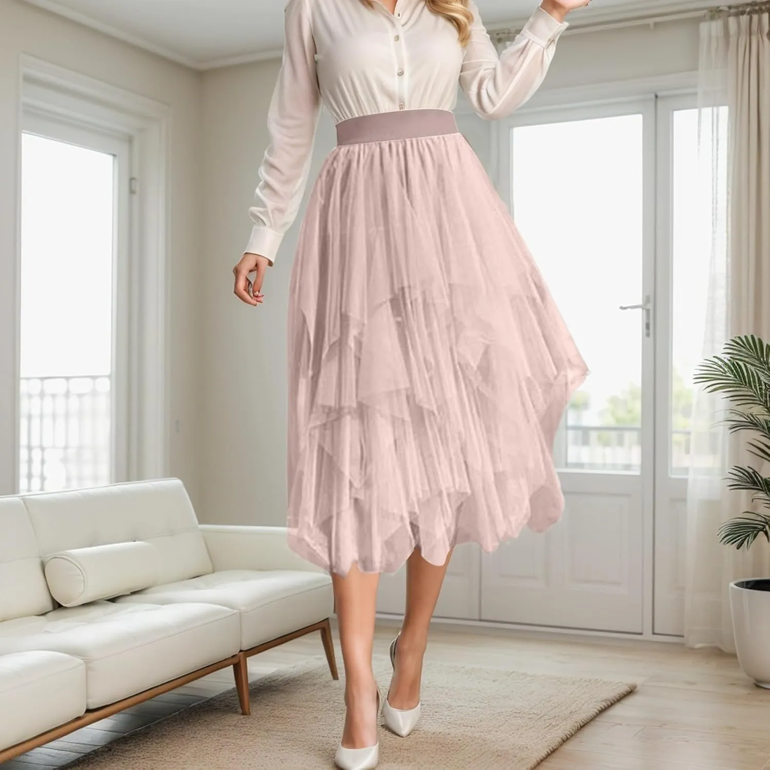 Tulle Skirts for Women A-Line High Low Asymmetrical Layered Midi Skirt Ladies Elastic Waist Irregular Mesh Tutu Skirt
