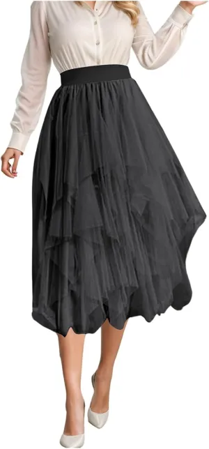 Tulle Skirts for Women A-Line High Low Asymmetrical Layered Midi Skirt Ladies Elastic Waist Irregular Mesh Tutu Skirt