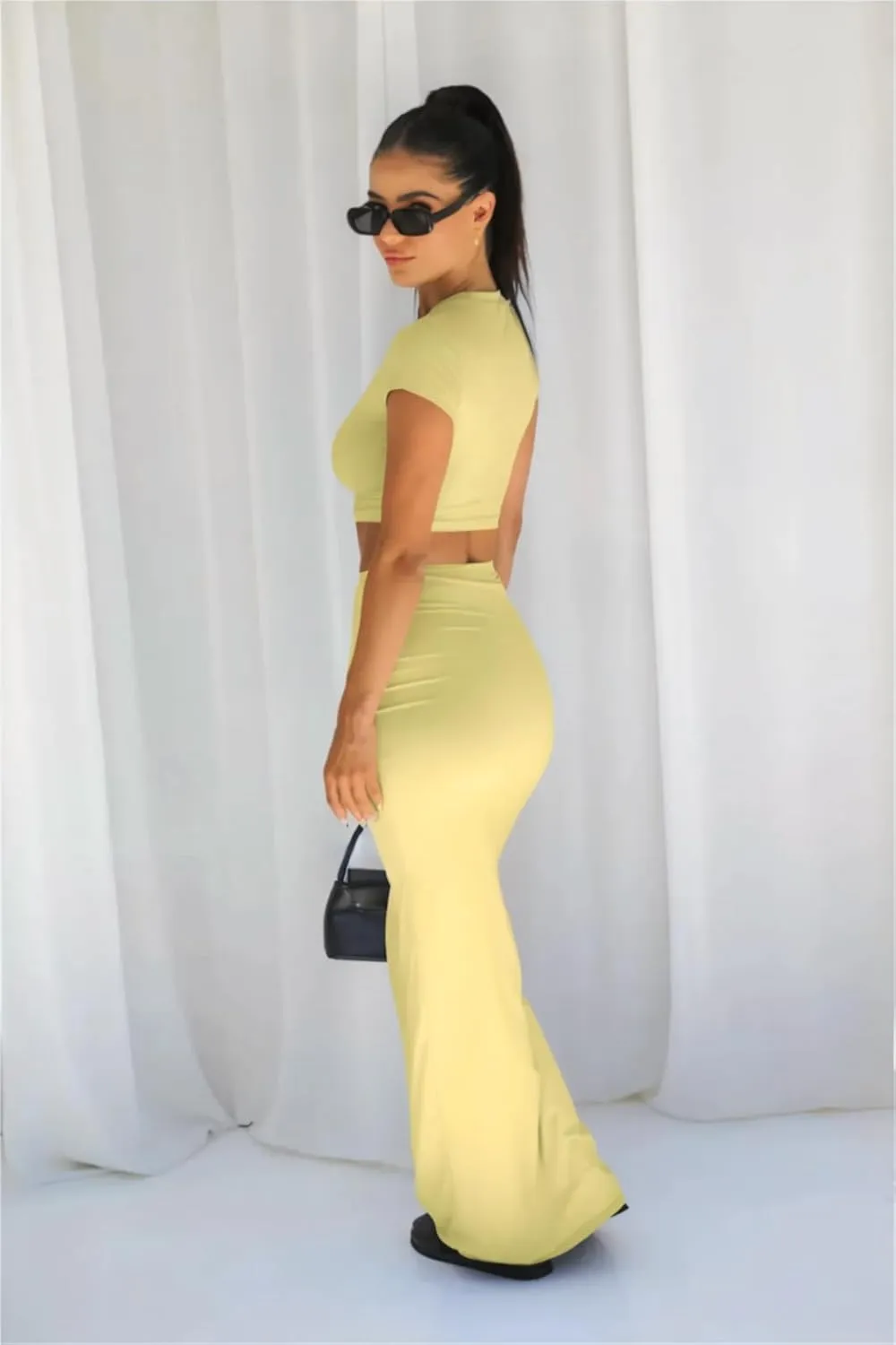 Two Piece Skirt Set for Women 2 PC Y2K Outfits Short Sleeve Crop Tops Bodycon High Waist Long Maxi Skirts