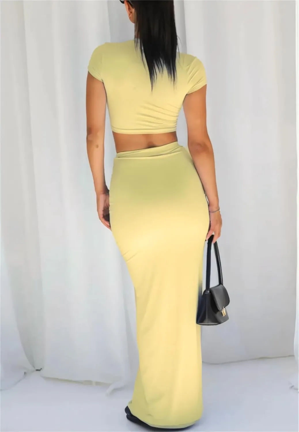 Two Piece Skirt Set for Women 2 PC Y2K Outfits Short Sleeve Crop Tops Bodycon High Waist Long Maxi Skirts