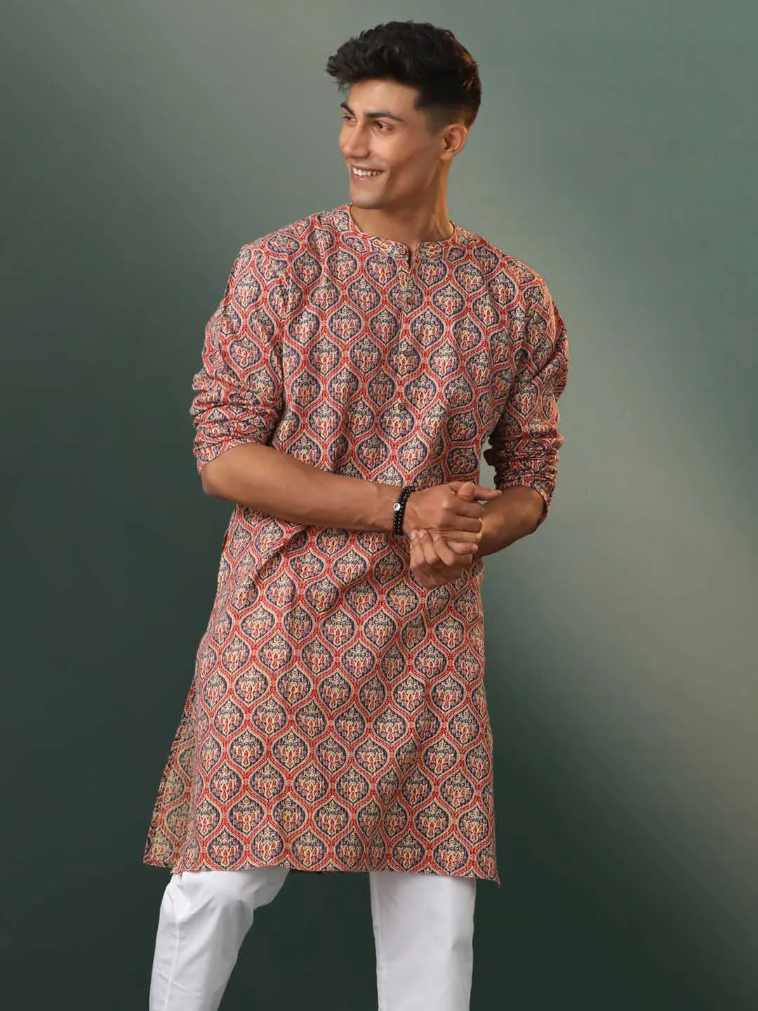 VASTRAMAY Red Ajrakh Printed Cotton Kurta