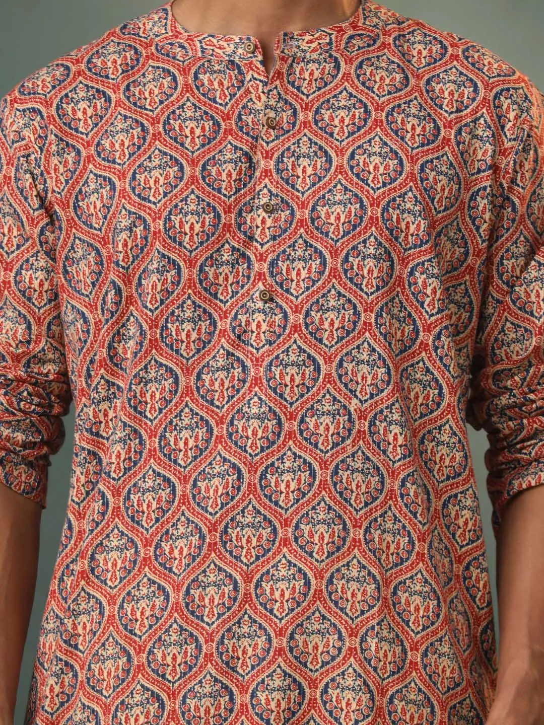 VASTRAMAY Red Ajrakh Printed Cotton Kurta