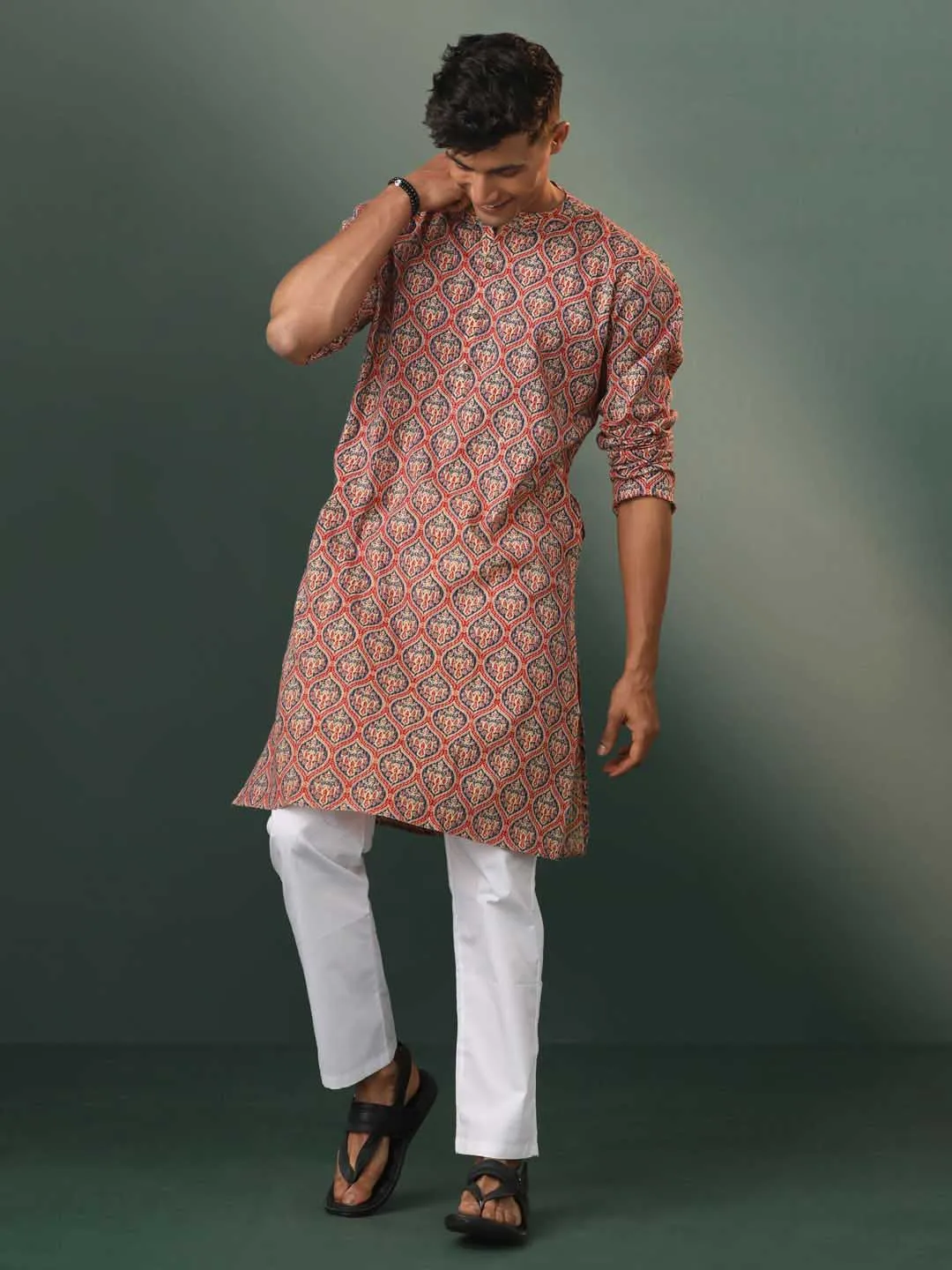 VASTRAMAY Red Ajrakh Printed Cotton Kurta