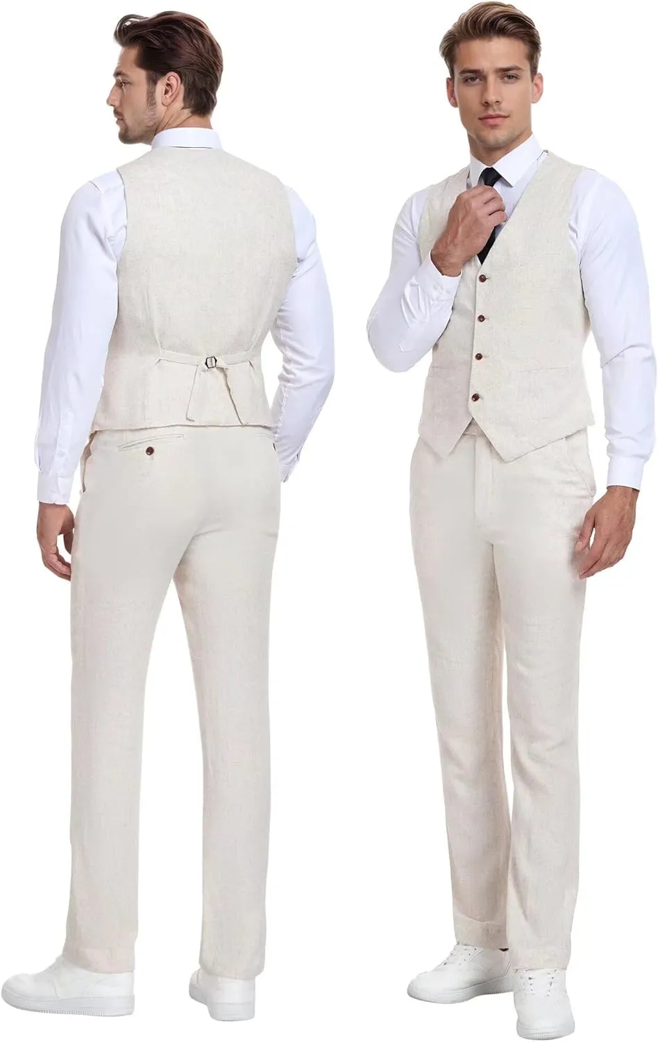 Wehilion Retro Linen Men Suit Beach Wedding Suit Summer Slim Fit 3 Pieces Light Weight Linen Suit Jacket Vest Pant Tuxedo