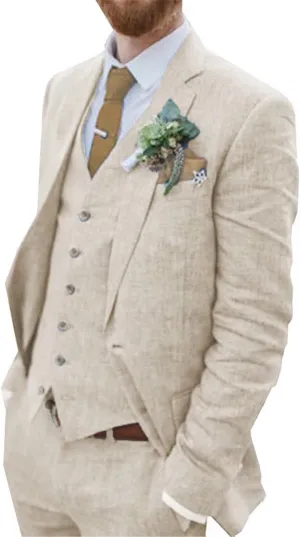 Wehilion Retro Linen Men Suit Beach Wedding Suit Summer Slim Fit 3 Pieces Light Weight Linen Suit Jacket Vest Pant Tuxedo