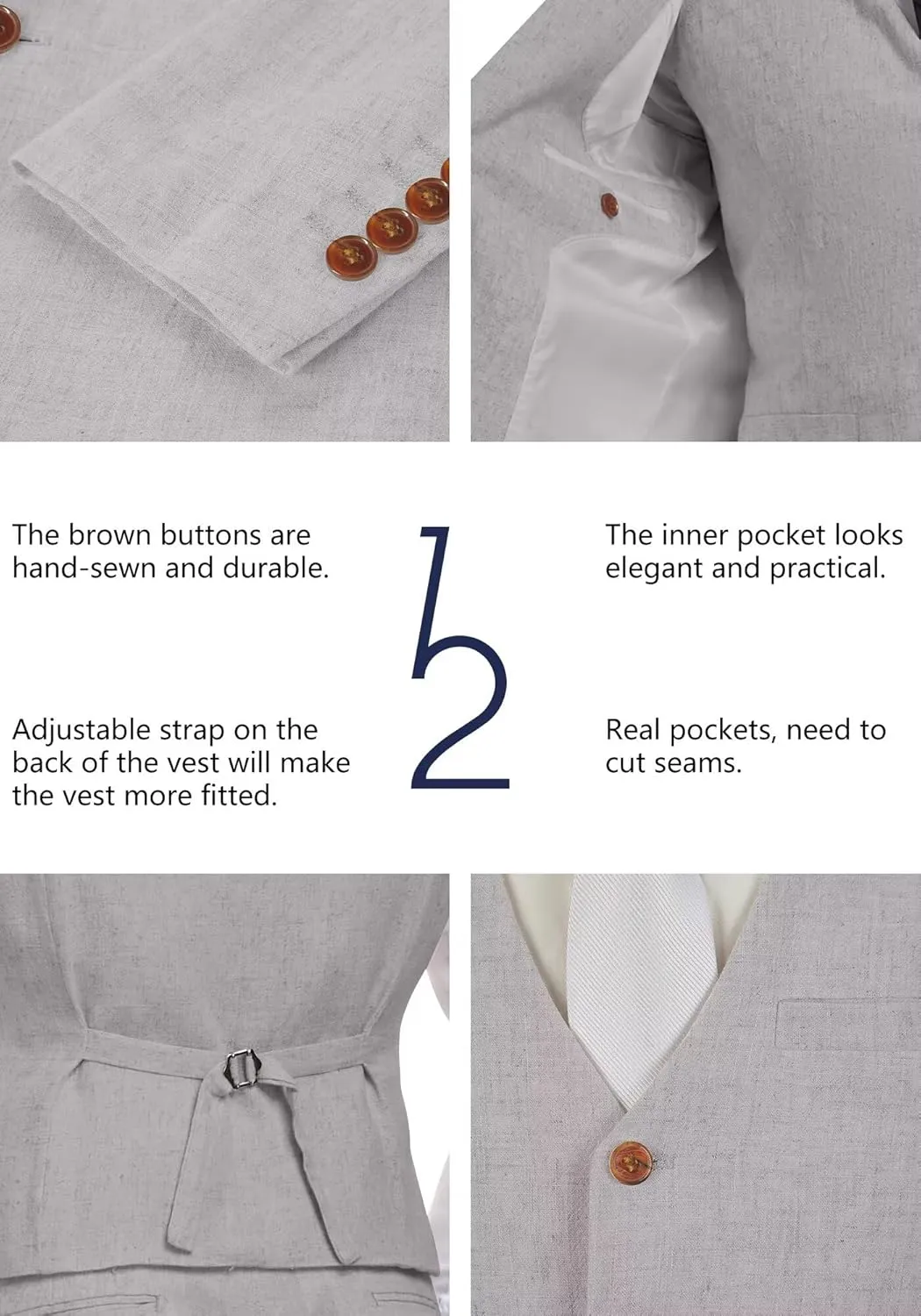 Wehilion Retro Linen Men Suit Beach Wedding Suit Summer Slim Fit 3 Pieces Light Weight Linen Suit Jacket Vest Pant Tuxedo