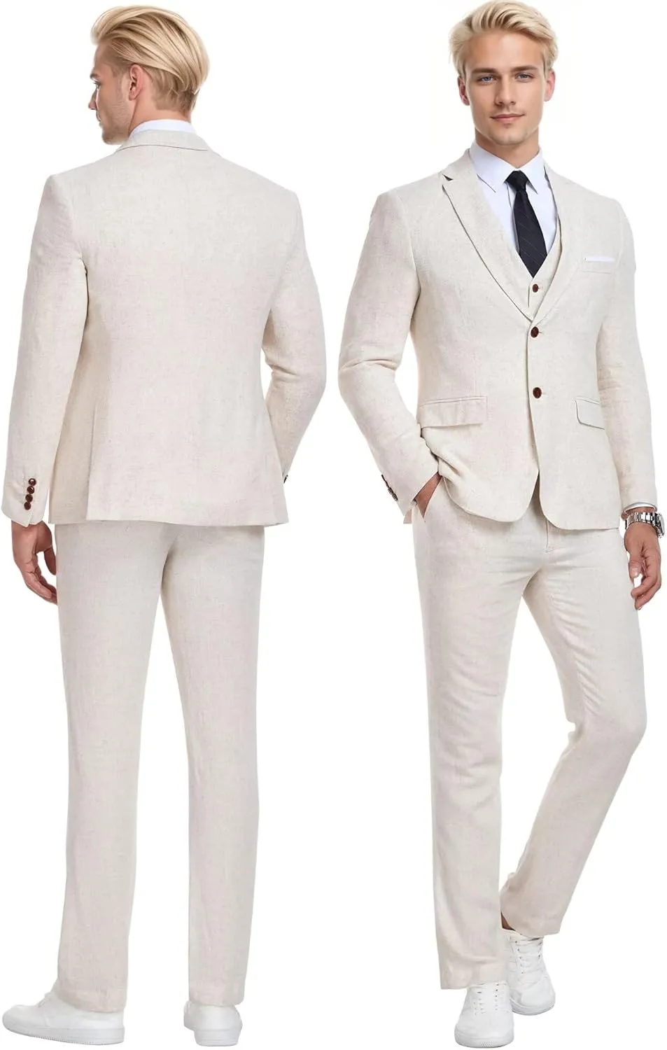 Wehilion Retro Linen Men Suit Beach Wedding Suit Summer Slim Fit 3 Pieces Light Weight Linen Suit Jacket Vest Pant Tuxedo