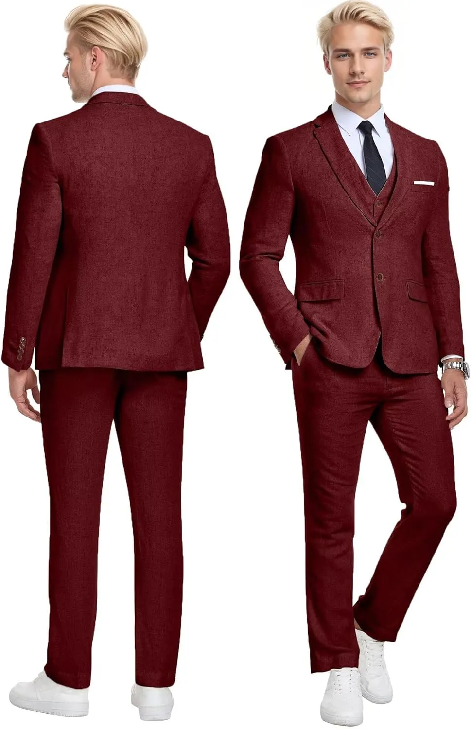 Wehilion Retro Linen Men Suit Beach Wedding Suit Summer Slim Fit 3 Pieces Light Weight Linen Suit Jacket Vest Pant Tuxedo