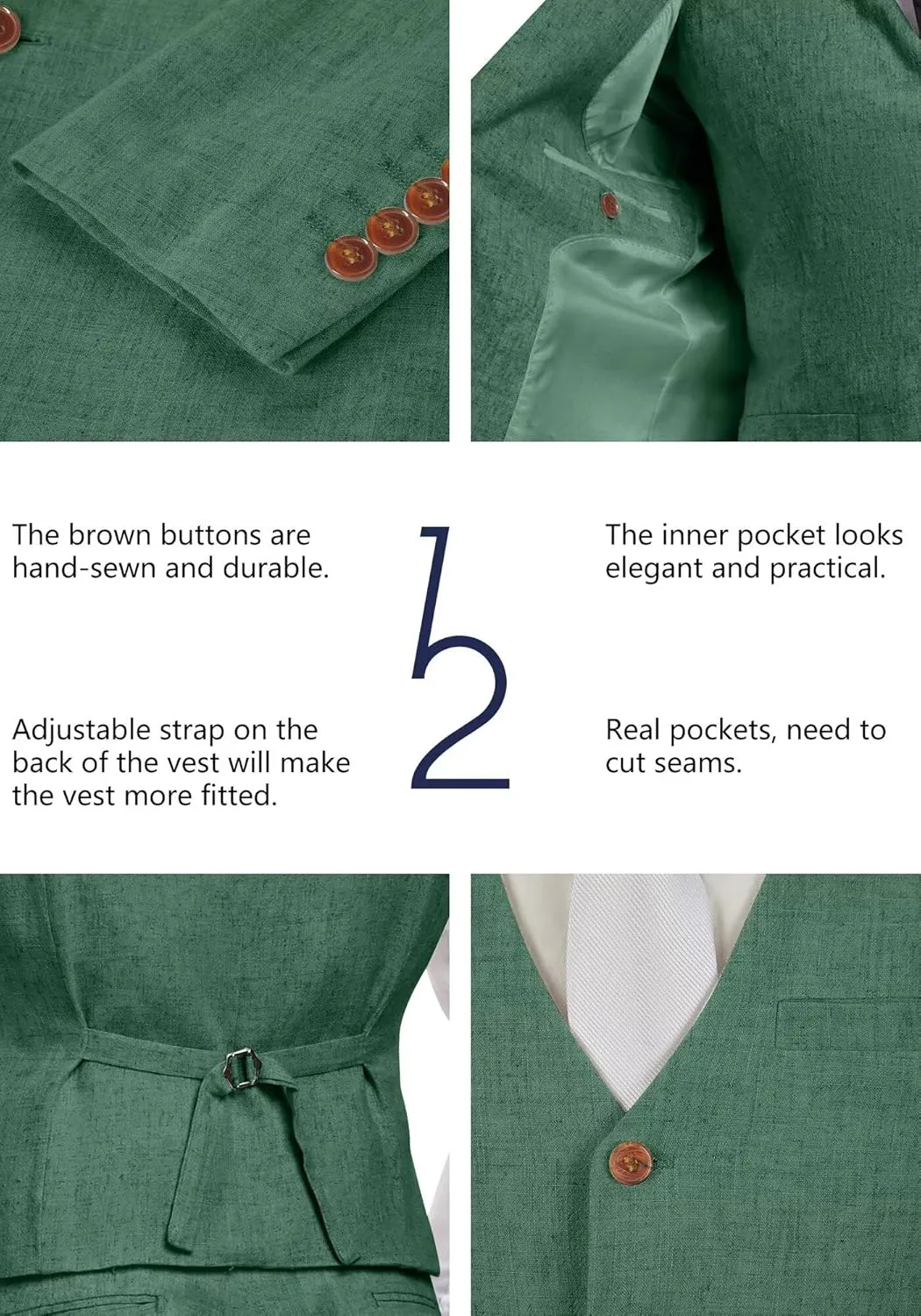 Wehilion Retro Linen Men Suit Beach Wedding Suit Summer Slim Fit 3 Pieces Light Weight Linen Suit Jacket Vest Pant Tuxedo