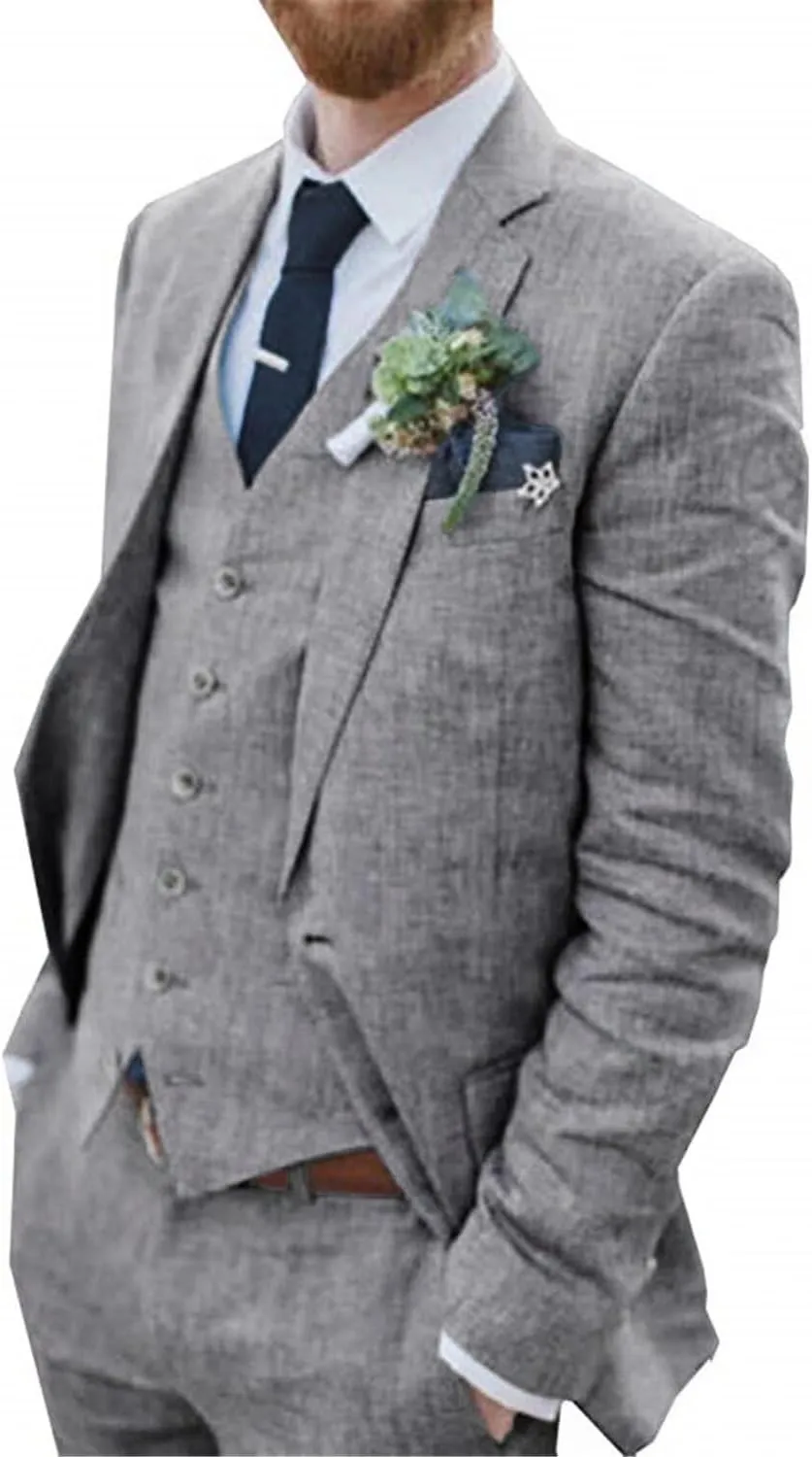 Wehilion Retro Linen Men Suit Beach Wedding Suit Summer Slim Fit 3 Pieces Light Weight Linen Suit Jacket Vest Pant Tuxedo