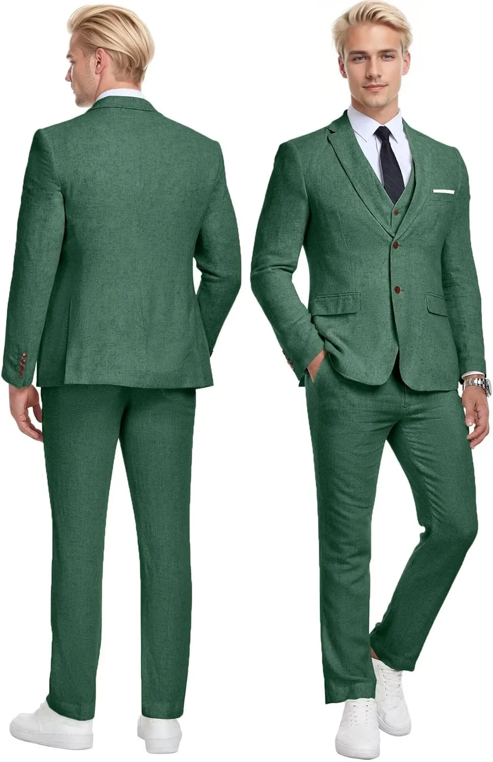 Wehilion Retro Linen Men Suit Beach Wedding Suit Summer Slim Fit 3 Pieces Light Weight Linen Suit Jacket Vest Pant Tuxedo