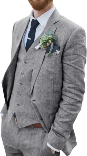 Wehilion Retro Linen Men Suit Beach Wedding Suit Summer Slim Fit 3 Pieces Light Weight Linen Suit Jacket Vest Pant Tuxedo