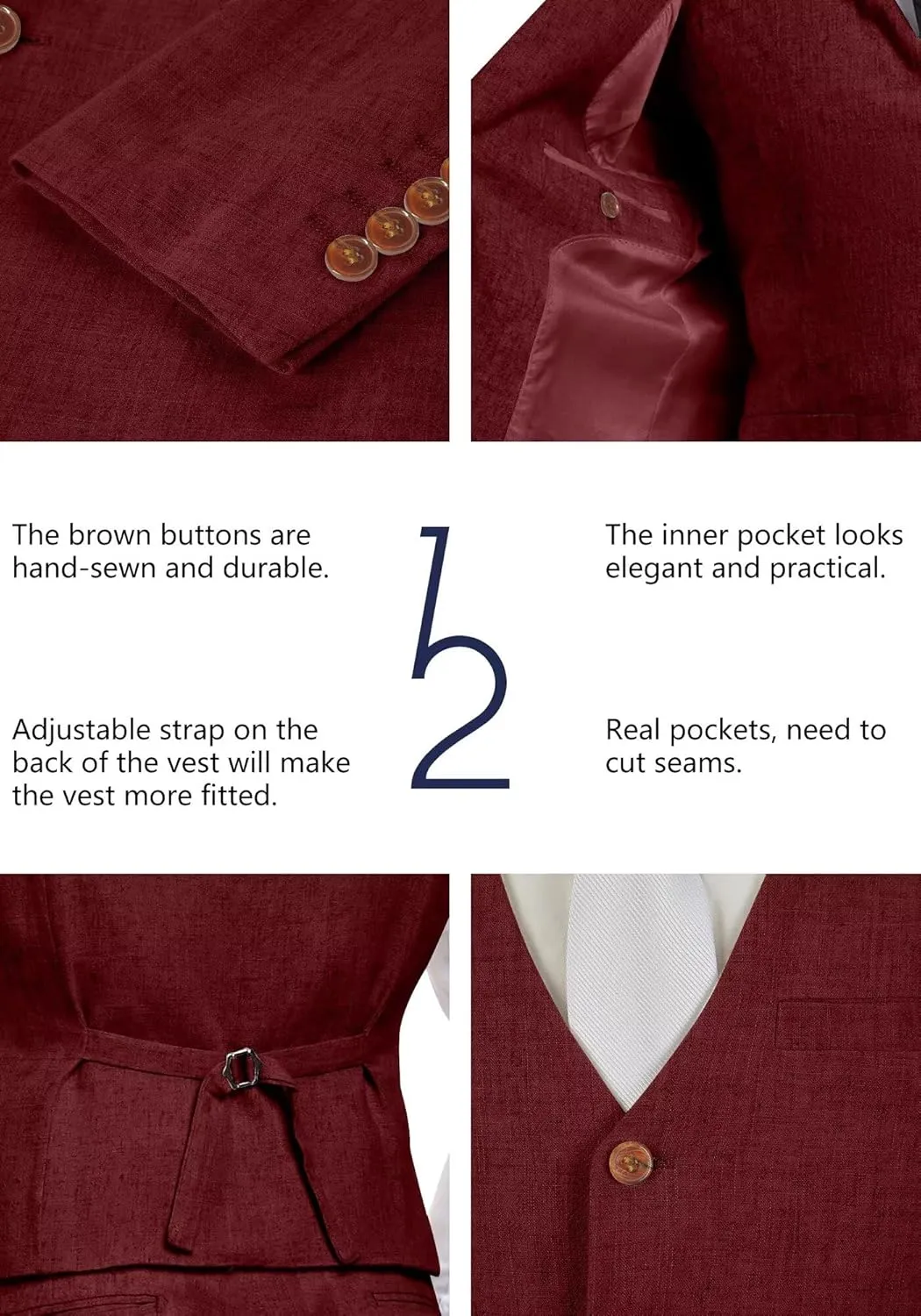 Wehilion Retro Linen Men Suit Beach Wedding Suit Summer Slim Fit 3 Pieces Light Weight Linen Suit Jacket Vest Pant Tuxedo