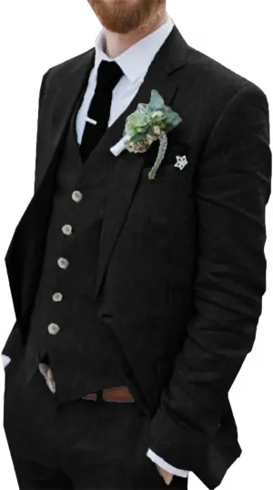 Wehilion Retro Linen Men Suit Beach Wedding Suit Summer Slim Fit 3 Pieces Light Weight Linen Suit Jacket Vest Pant Tuxedo