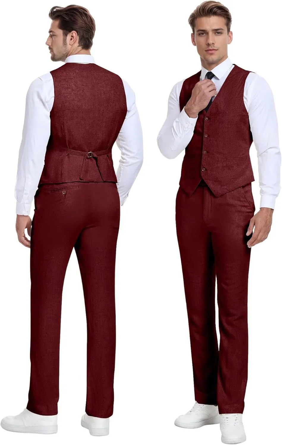 Wehilion Retro Linen Men Suit Beach Wedding Suit Summer Slim Fit 3 Pieces Light Weight Linen Suit Jacket Vest Pant Tuxedo