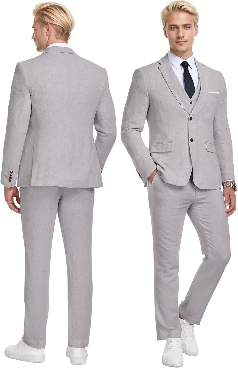 Wehilion Retro Linen Men Suit Beach Wedding Suit Summer Slim Fit 3 Pieces Light Weight Linen Suit Jacket Vest Pant Tuxedo