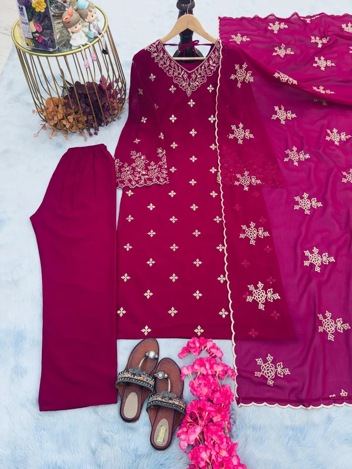 Wine Inayakhan Designer Party Wear Faux Georgette Top, Plazzo, and Dupatta Set