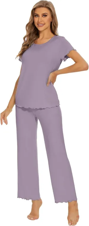 WiWi Pajamas Viscose from Bamboo for Women Soft Comfy Loungewear Short Sleeve Tops and Long Pants Sleepwear Pjs S-XXL