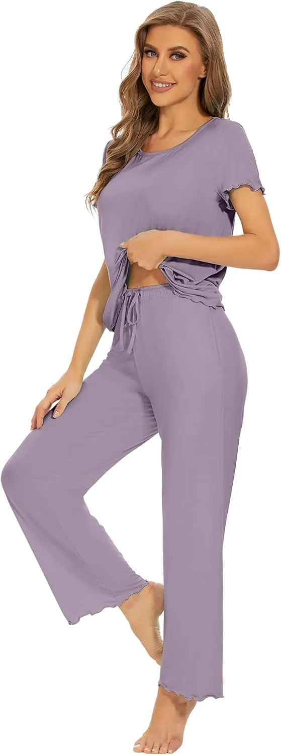 WiWi Pajamas Viscose from Bamboo for Women Soft Comfy Loungewear Short Sleeve Tops and Long Pants Sleepwear Pjs S-XXL