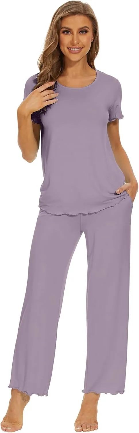 WiWi Pajamas Viscose from Bamboo for Women Soft Comfy Loungewear Short Sleeve Tops and Long Pants Sleepwear Pjs S-XXL