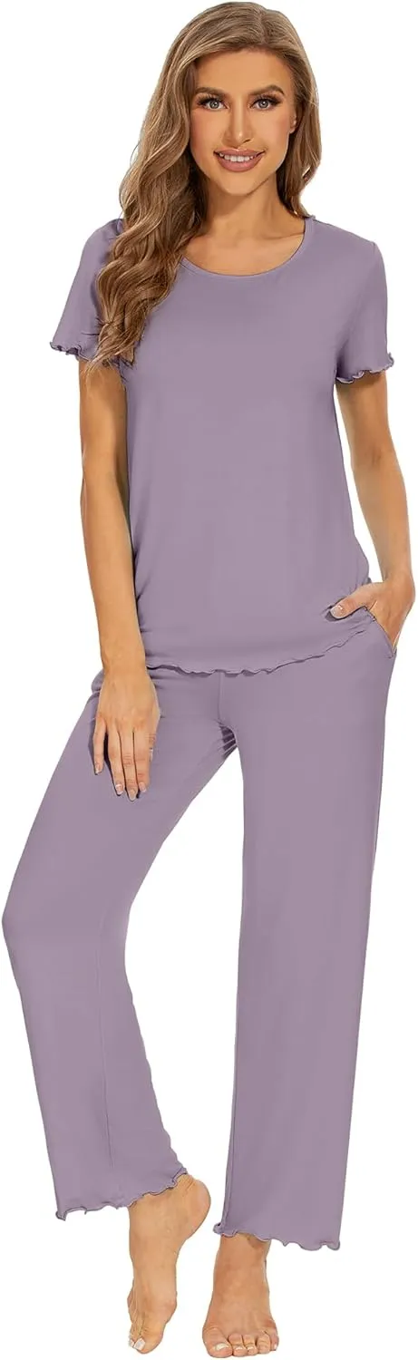 WiWi Pajamas Viscose from Bamboo for Women Soft Comfy Loungewear Short Sleeve Tops and Long Pants Sleepwear Pjs S-XXL