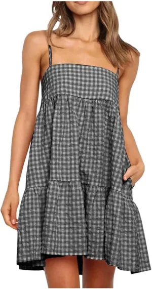 Women 2025 Summer Plaid Mini Dress Casual Boho Sleeveless Ruffle Spaghetti Strap Cami Babydoll Dresses with Pockets