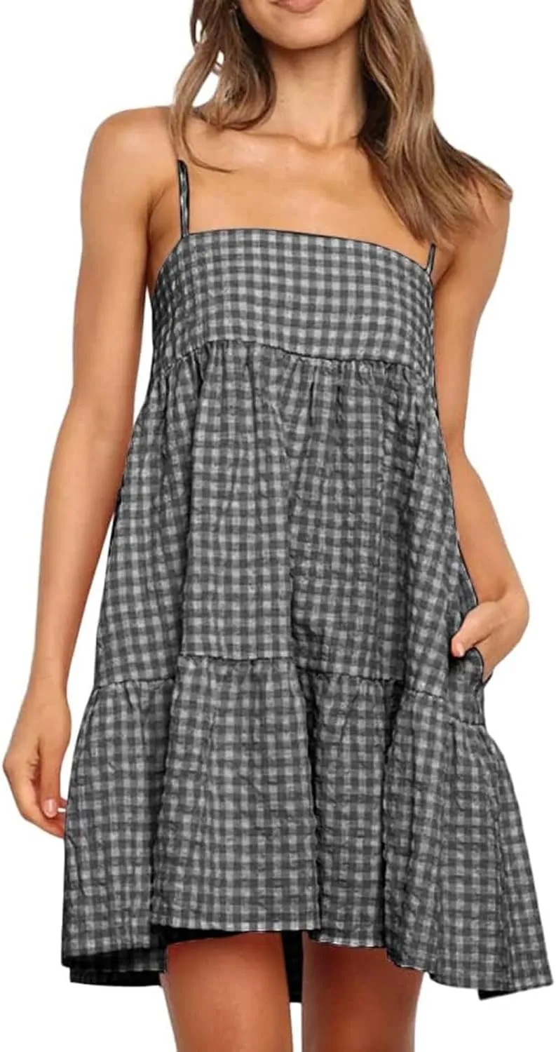 Women 2025 Summer Plaid Mini Dress Casual Boho Sleeveless Ruffle Spaghetti Strap Cami Babydoll Dresses with Pockets