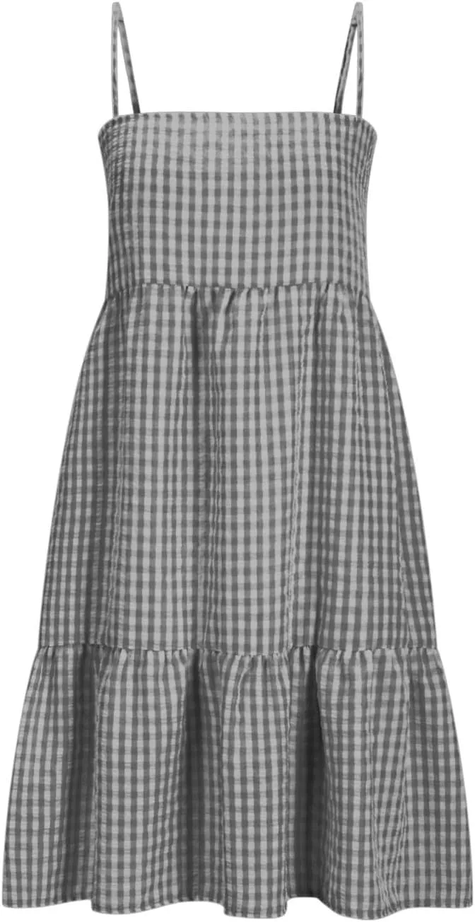Women 2025 Summer Plaid Mini Dress Casual Boho Sleeveless Ruffle Spaghetti Strap Cami Babydoll Dresses with Pockets