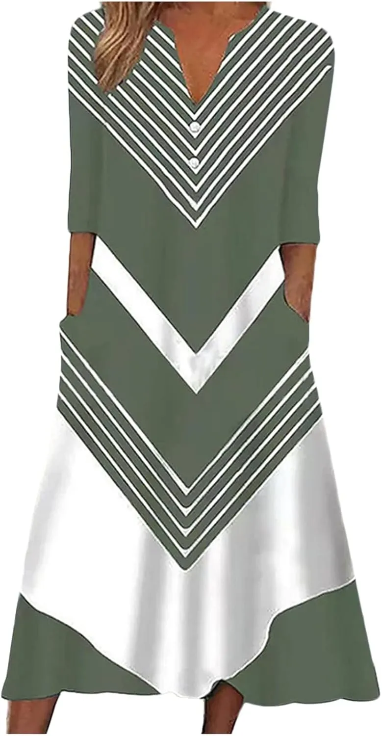 Women Boho Summer Dress 2024 Casual Short Sleeve Button V Neck Baggy Flowy A-Line Maxi Dresses