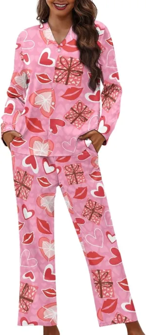 Women Button Up Pjs Valentines Day Pajamas 2 Piece Long Sleeve Lounge Sets