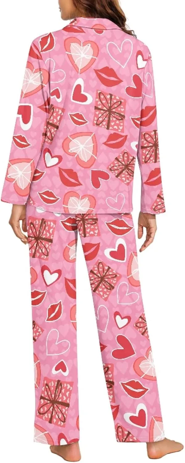 Women Button Up Pjs Valentines Day Pajamas 2 Piece Long Sleeve Lounge Sets