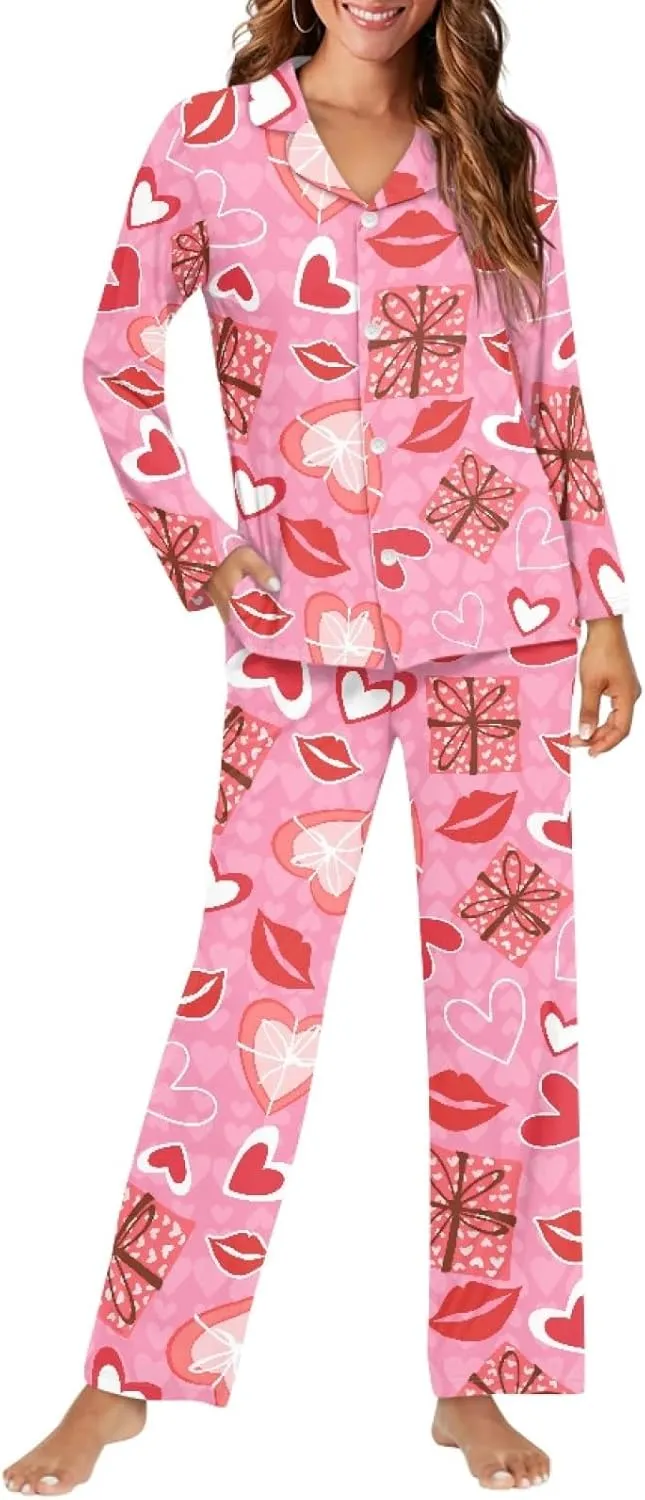 Women Button Up Pjs Valentines Day Pajamas 2 Piece Long Sleeve Lounge Sets