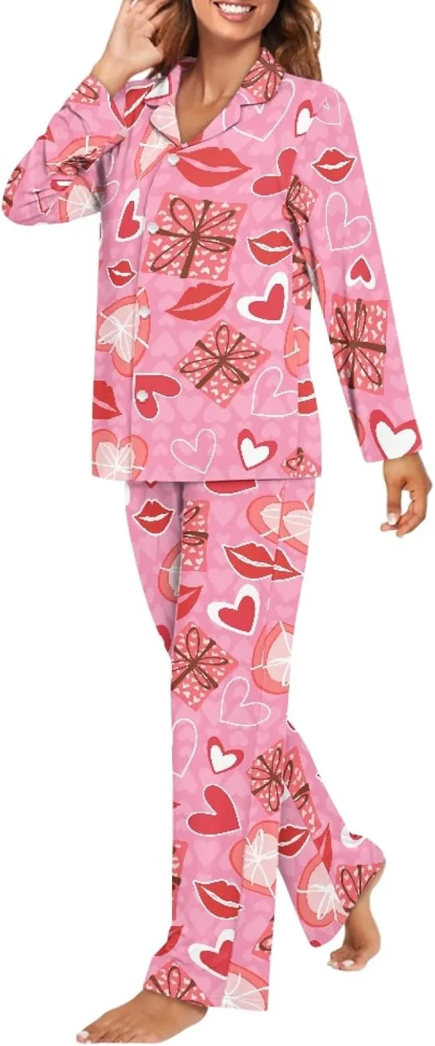 Women Button Up Pjs Valentines Day Pajamas 2 Piece Long Sleeve Lounge Sets