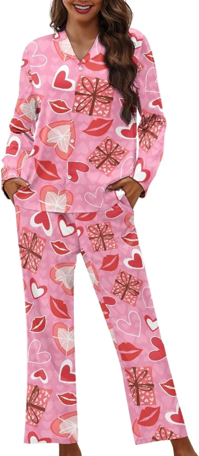 Women Button Up Pjs Valentines Day Pajamas 2 Piece Long Sleeve Lounge Sets