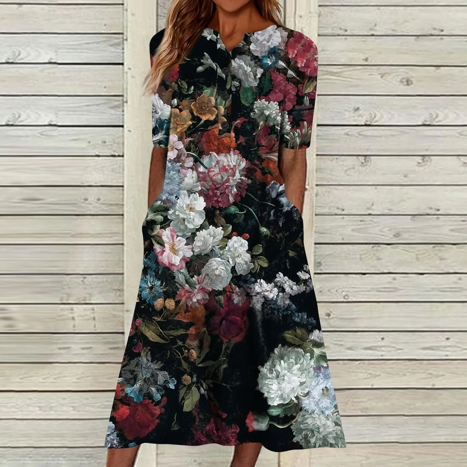 Women Casual Summer Stripe Button V Neck Sleeveless Pocket Holiday Dress Floral Sundress Midi Dress