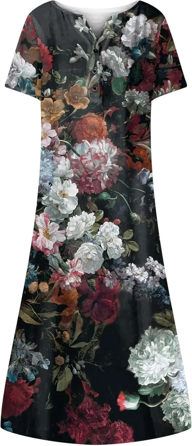 Women Casual Summer Stripe Button V Neck Sleeveless Pocket Holiday Dress Floral Sundress Midi Dress