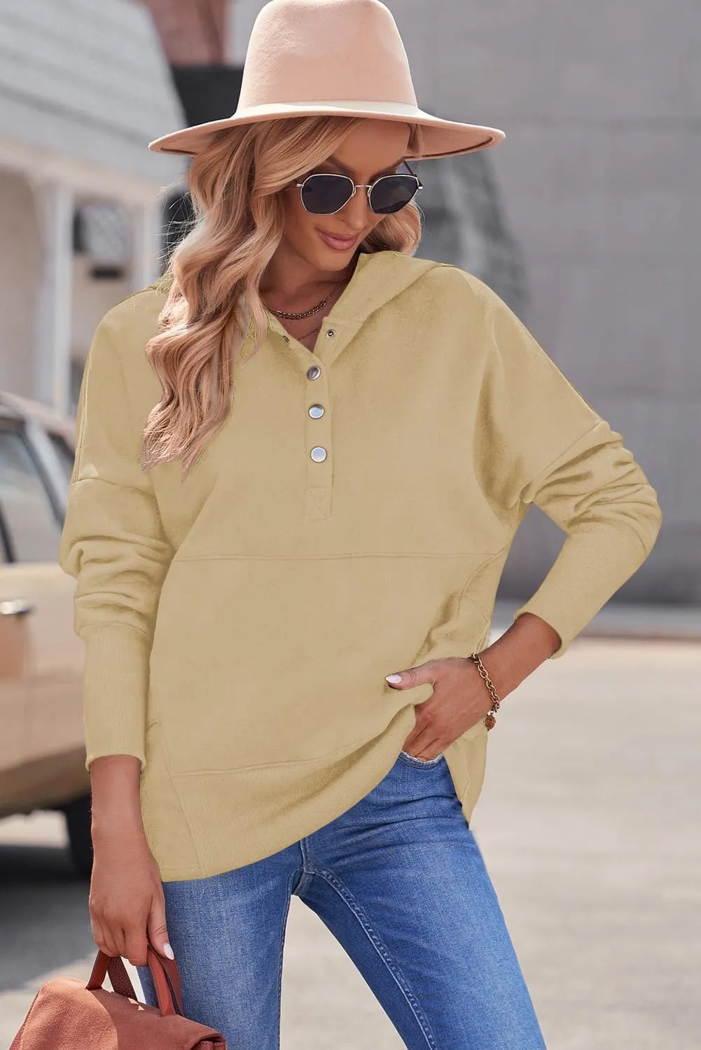 Women Causal Long Sleeve Hoodie Oversied Button Collar V Neck Sweatshirt Trendy Pullover Tops With Pockets Fashion 2024