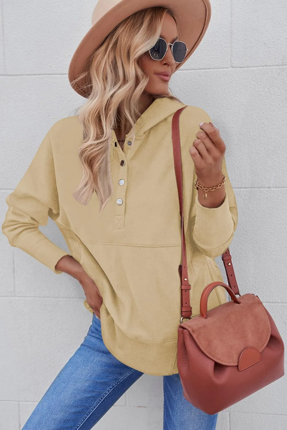 Women Causal Long Sleeve Hoodie Oversied Button Collar V Neck Sweatshirt Trendy Pullover Tops With Pockets Fashion 2024