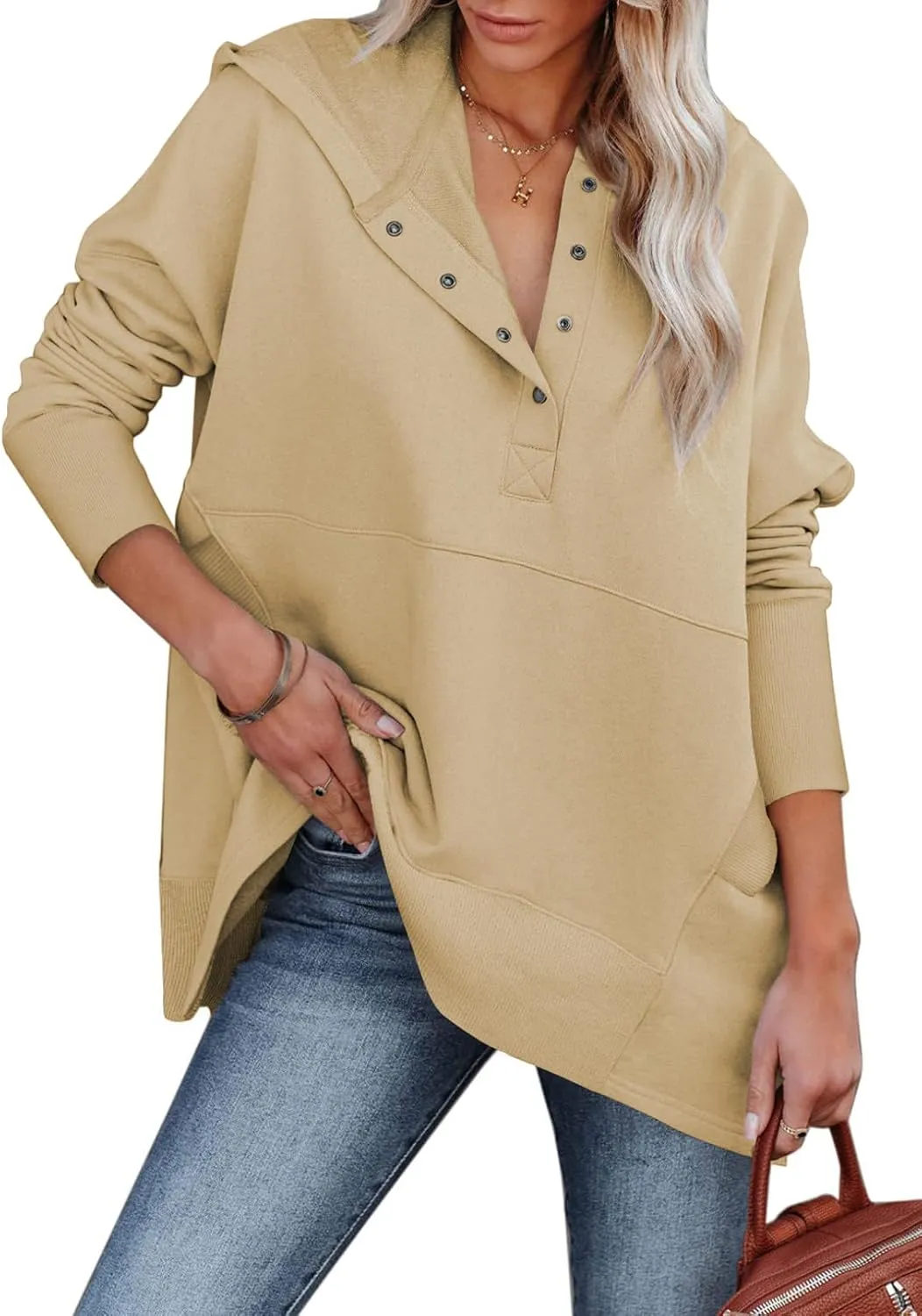 Women Causal Long Sleeve Hoodie Oversied Button Collar V Neck Sweatshirt Trendy Pullover Tops With Pockets Fashion 2024