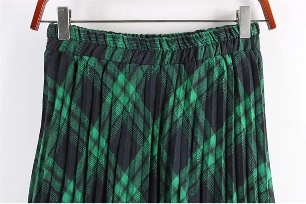 Women Cotton Plaid Skirt Elastic Waist Christmas Midi Long Pleated Skirts
