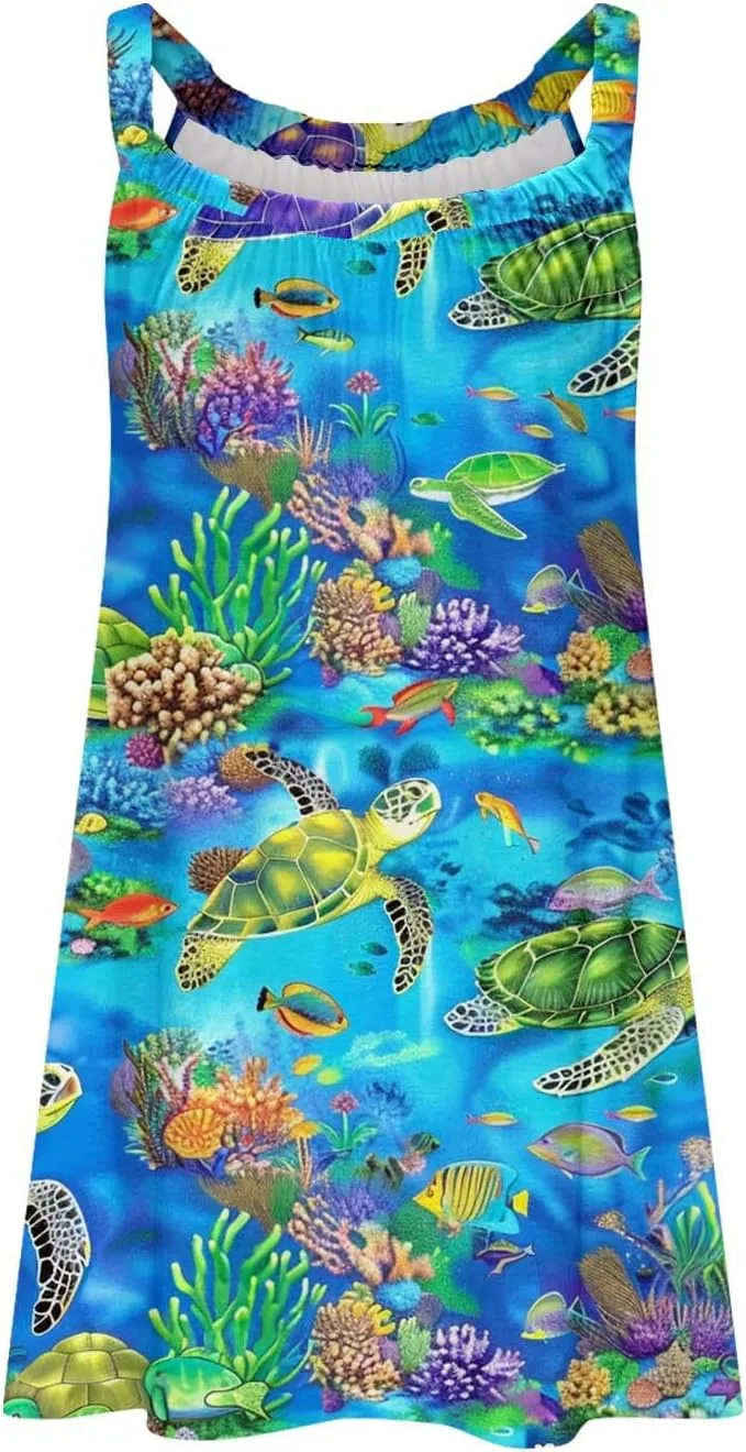 Women Cute Marine Animal Print Cami Dress Summer Beach Dress Sleeveless Spaghetti Strap Sea Turtle Graphic Sun Dress