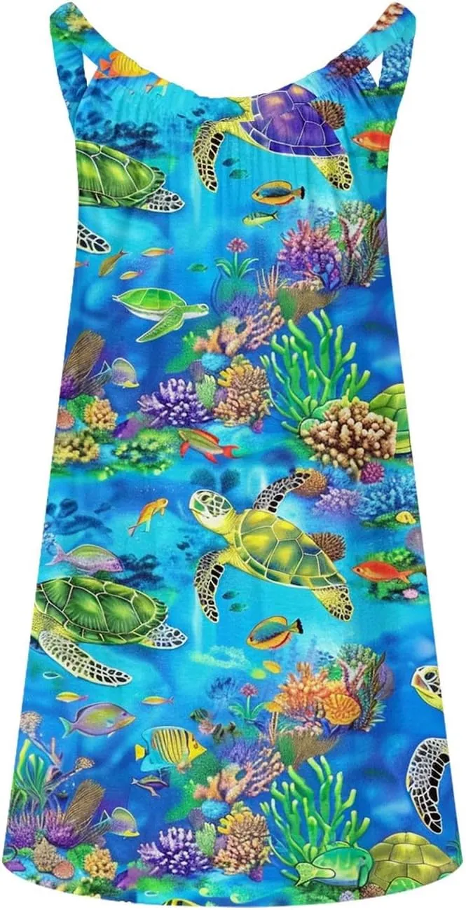Women Cute Marine Animal Print Cami Dress Summer Beach Dress Sleeveless Spaghetti Strap Sea Turtle Graphic Sun Dress