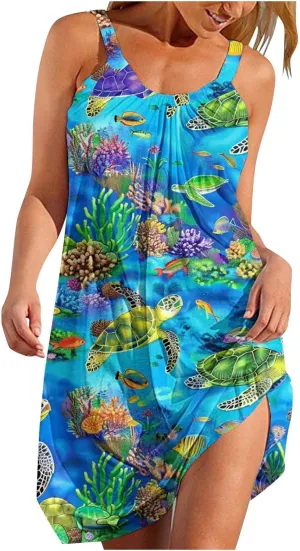Women Cute Marine Animal Print Cami Dress Summer Beach Dress Sleeveless Spaghetti Strap Sea Turtle Graphic Sun Dress