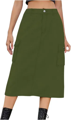 Women Denim Cargo Long Skirts High Waisted Pencil Skirt Midi Length Jean Skirt A-Line Denim Skirt with Cargo Pockets