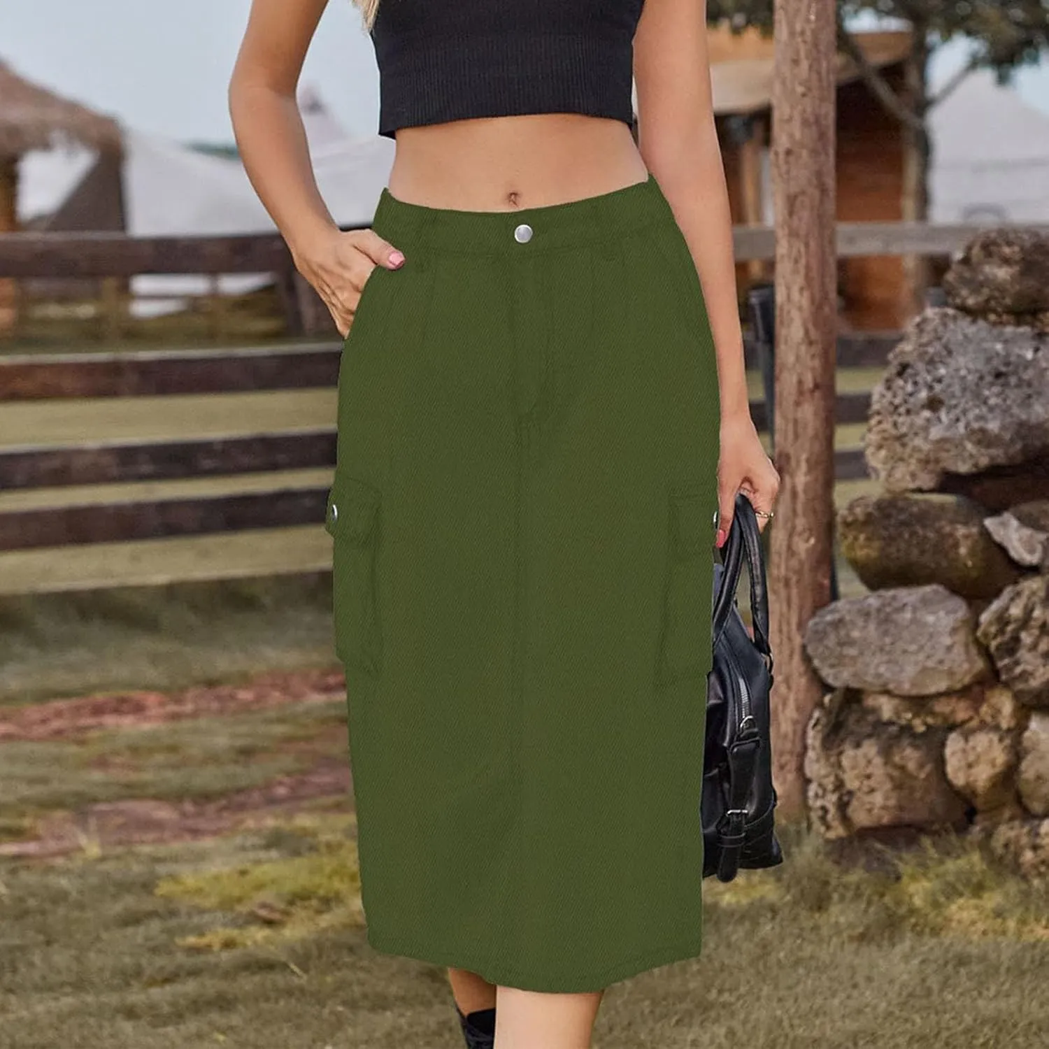 Women Denim Cargo Long Skirts High Waisted Pencil Skirt Midi Length Jean Skirt A-Line Denim Skirt with Cargo Pockets
