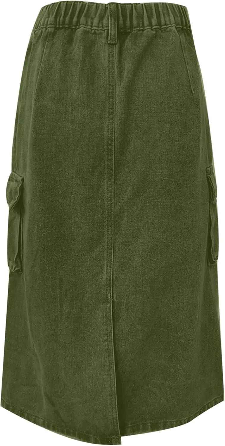 Women Denim Cargo Long Skirts High Waisted Pencil Skirt Midi Length Jean Skirt A-Line Denim Skirt with Cargo Pockets