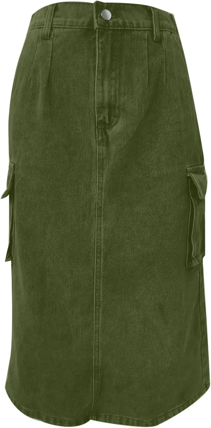 Women Denim Cargo Long Skirts High Waisted Pencil Skirt Midi Length Jean Skirt A-Line Denim Skirt with Cargo Pockets