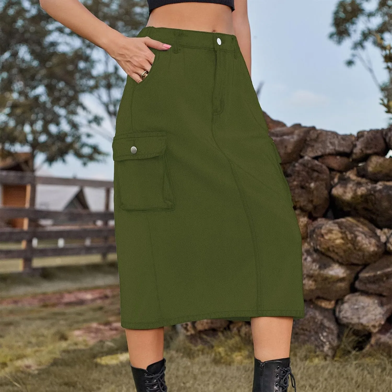 Women Denim Cargo Long Skirts High Waisted Pencil Skirt Midi Length Jean Skirt A-Line Denim Skirt with Cargo Pockets