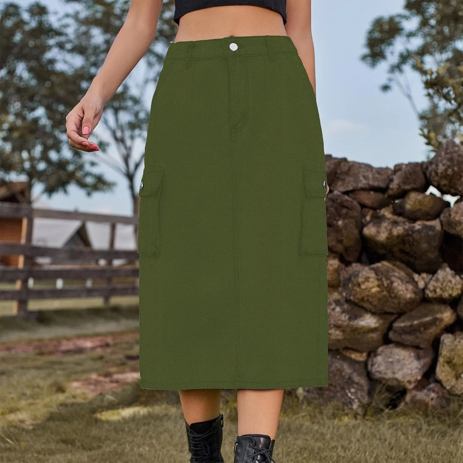 Women Denim Cargo Long Skirts High Waisted Pencil Skirt Midi Length Jean Skirt A-Line Denim Skirt with Cargo Pockets