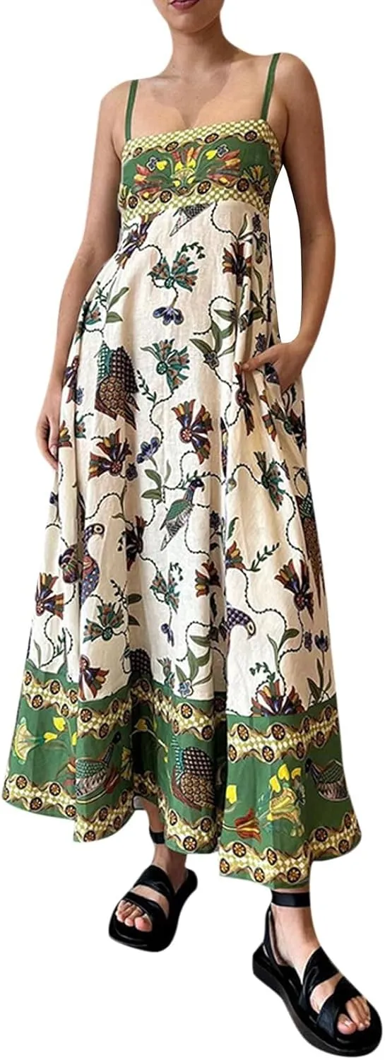 Women Dresses 2025 Cute Print Maxi Cami Dresses Sleeveless Casual Spaghetti Strap Graffiti Dress Vacation Dresses